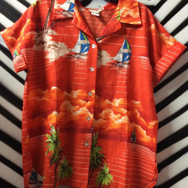 product details: Sailboat & Palms Design on Red-Orange Hawaiian Shirt photo