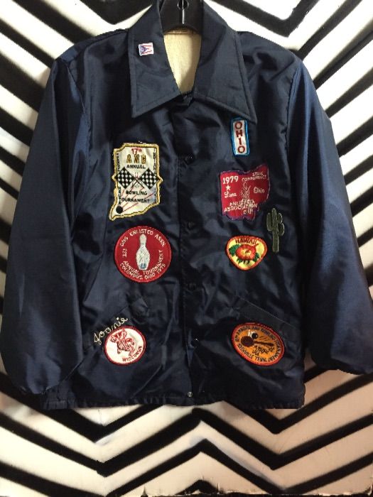 “the Jacket Man” Lined Nylon Jacket W/patches | Boardwalk Vintage