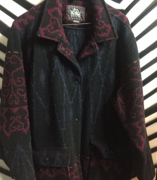 product details: 90'S LONG WOOL COAT  W/SUBDUED AZTEC PATTERN photo