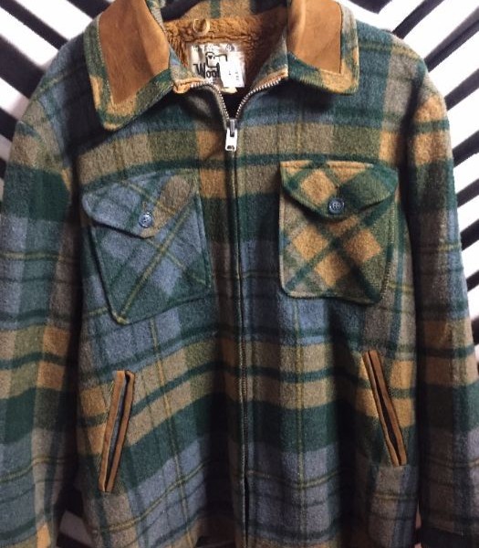 product details: HEAVY WOOL PLAID JACKET - ZIP-UP W/SHERPA LINING - SUEDE TRIMED photo