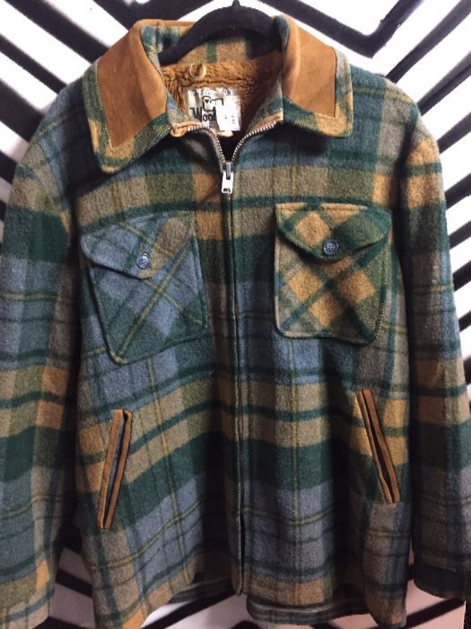 product details: HEAVY WOOL PLAID JACKET - ZIP-UP W/SHERPA LINING - SUEDE TRIMED photo