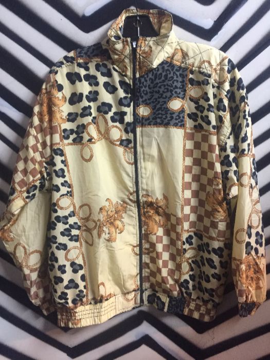 product details: BOMBER JACKET W/CHEETAH-CHAIN-CHECKERS PRINT - ZIP-UP photo