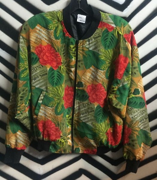 product details: BOMBER JACKET - ZIP-UP W/TROPICAL FLORAL & WORD DESIGN photo
