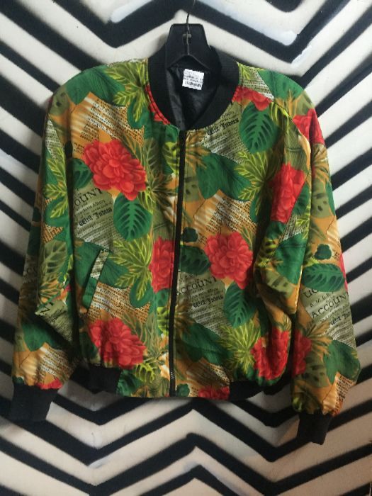 BOMBER JACKET ZIP UP TROPICAL FLORAL WORDS 1