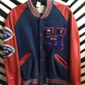 Photo detail:VARSITY LETTERMAN JACKET - TWO-TONED W/LETTER, PATCHES & PINS