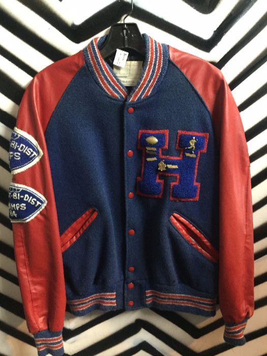 product details: VARSITY LETTERMAN JACKET - TWO-TONED W/LETTER, PATCHES & PINS photo
