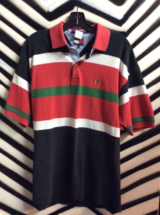 product details: TOMMY HILFIGER POLO SHIRT W/HORIZONTAL STRIPES RED/NAVY/GREEN/WHITE photo