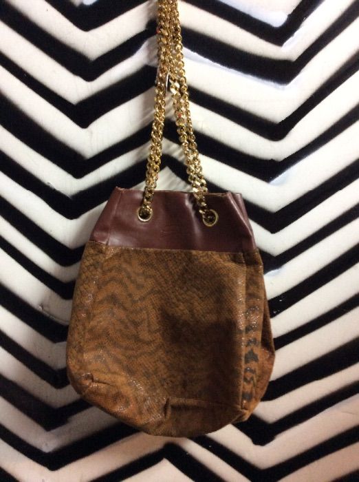 SUEDE SNAKE PRINT BUCKET PURSE GOLD CHAIN 1