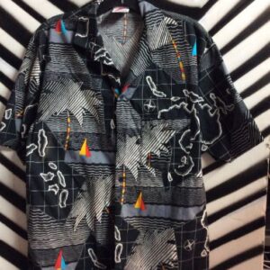 Photo detail:HAWAIIAN SHIRT W/MAP COMPASS MULTI-COLORED PRINT DESIGN