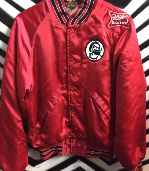 product details: PARTY TIME LIQUORS SATIN JACKET W/ADVERTISING PATCHES photo