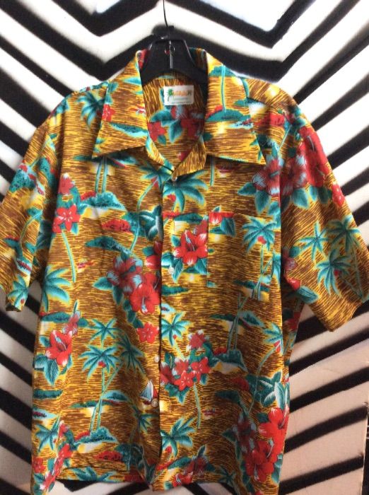 product details: SS BD HAWAIIAN SHIRT PALM TREES FLORAL RED photo