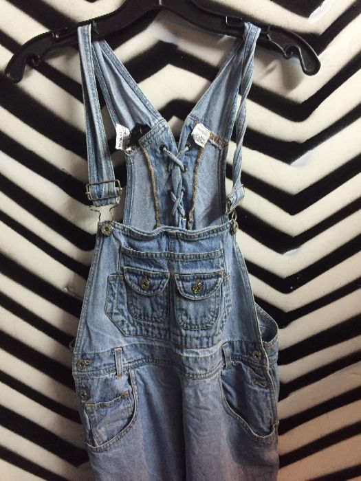 product details: LIGHT DENIM OVERALLS W/LACE-UP BACK photo