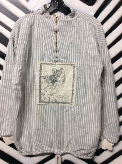 product details: 1980S-90S PULLOVER SWEATSHIRT - STRIPED W/WOLF PATCH photo