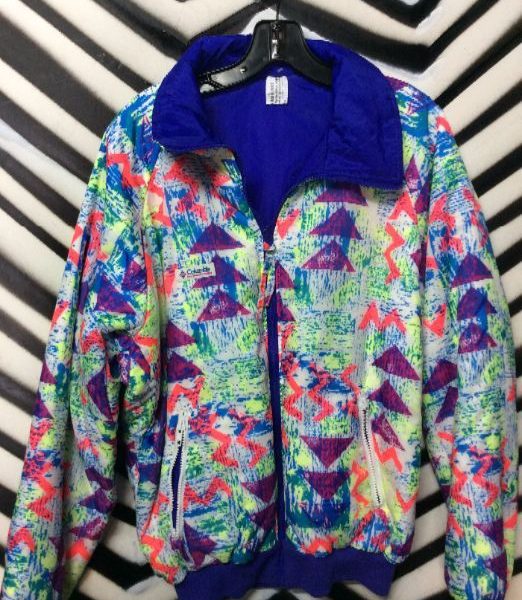 product details: COLUMBIA WINDBREAKER JACKET PUFFY/REVERSIBLE - W/NEON PRINT  as-is photo