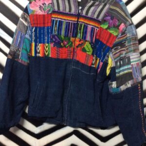 Photo detail:BOMBER JACKET - DENIM TYPE FABRIC W/ETHNIC PATCHWORK DESIGN