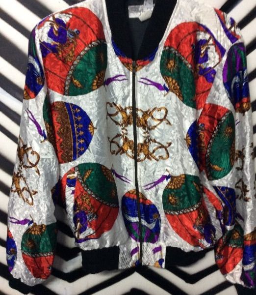 product details: 1980S SILKY BOMBER JACKET W/BALLOON PRINT DESIGN photo