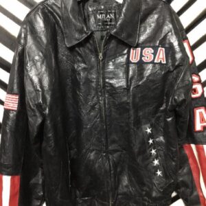 Photo detail:80S LEATHER PATCHWORK BOMBER JACKET W/EAGLE & USA PATCHES