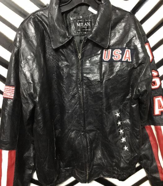 product details: 80S LEATHER PATCHWORK BOMBER JACKET W/EAGLE & USA PATCHES photo
