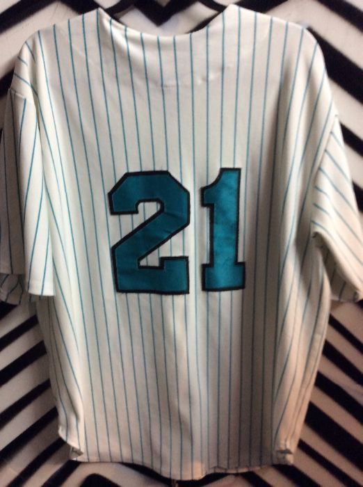 White and Teal pinstripe baseball jersey #21 2