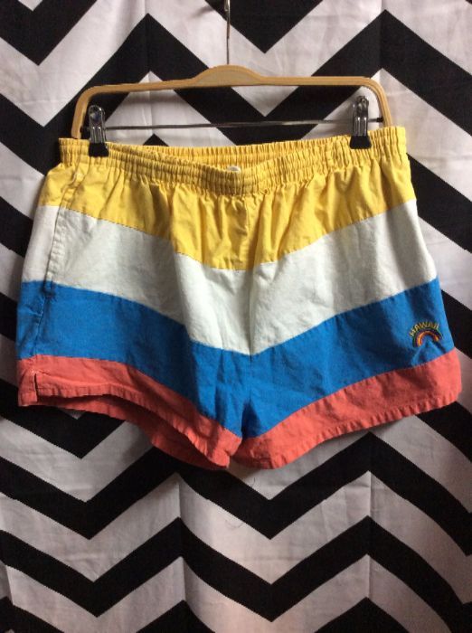product details: SWIM TRUNKS W/COLOR BLOCK STRIPES - EMBROIDERED RAINBOW HAWAII photo