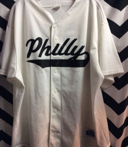 product details: PHILLY MAJESTIC BASEBALL JERSEY W/EMBROIDERED LOG ACROSS FRONT photo