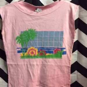 Photo detail:80S T-SHIRT - SLEEVELESS W/PALM TREES & UMBRELLA GRAPHIC DESIGN