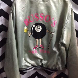 Photo detail:RUSSO'S POOL TEAM SATIN BASEBALL STYLE JACKET W/8 BALL PATCH