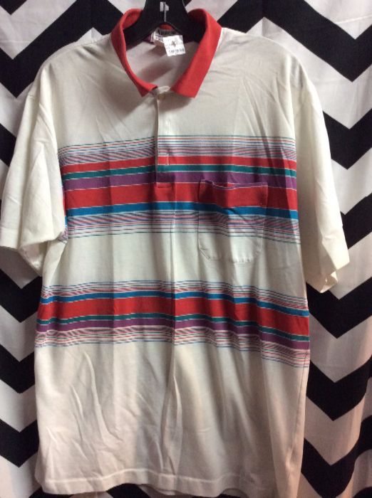 Polo Style T-shirt W/multi Stripe Design | Boardwalk Vintage