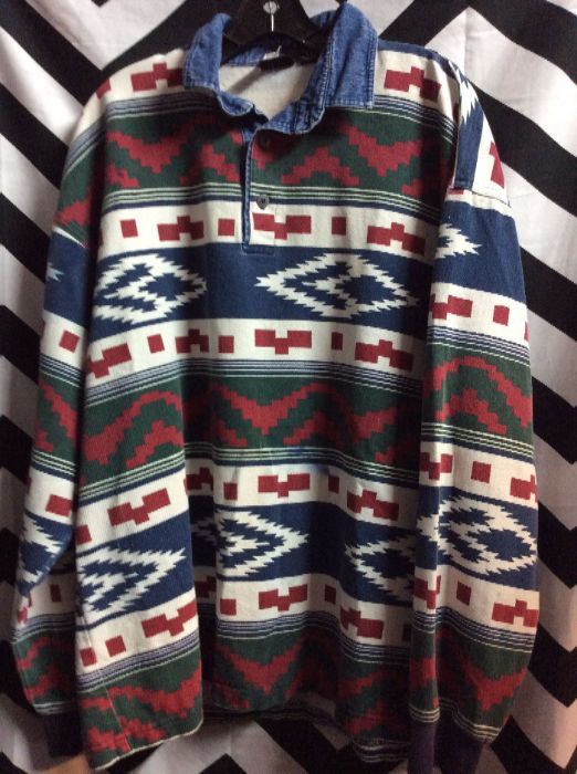 LS BD PULLOVER RED WHITE AND BLUE TRIBAL PATTERNS as-is 1