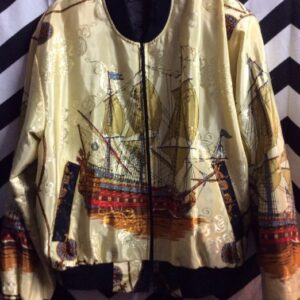 Photo detail:BOMBER JACKET - SATIN - ZIP-UP W/PIRATE SHIP NAUTICAL PRINT