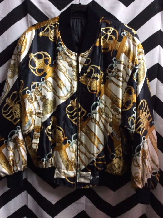 SATIN JACKET GOLD BLACK AND WHITE SWARDS AND ROPES PATTERN 1
