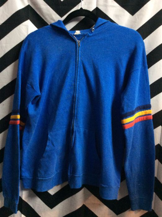 ZIPUP HOODED SWEATER BLUE YELLOW AND RED TRIM 1