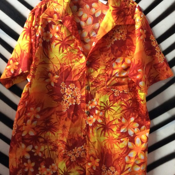 product details: Orange/Yellow Palm Trees & Flower Design Hawaiian Shirt photo
