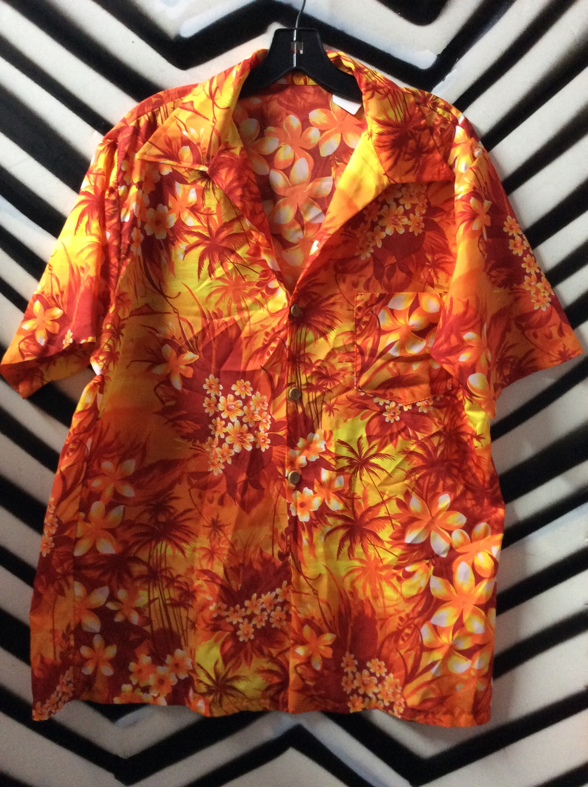 Orange/Yellow Palm Trees & Flower Design Hawaiian Shirt 1