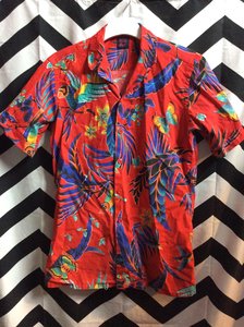 WITTS END RED HAWAIIAN SHIRT TROPICAL BIRD AND FLOWERS 1