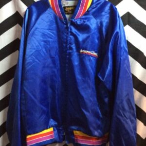 Photo detail:RETRO PIONEER STEREO SATIN STYLE BASEBALL JACKET W/RAINBOW STRIPE DESIGN