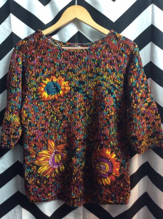 SUPER CHUNKY KNIT SWEATER W/ SUNFLOWERS APPLIQUE 1