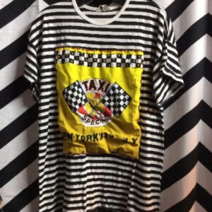 Photo detail:T-SHIRT – HORIZONTAL STRIPE W/CHECKERED FLAG/TAXI APPLIQUE