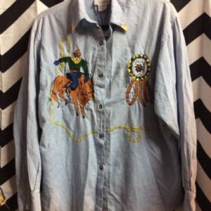 Photo detail:WESTERN DENIM SHIRT W/EMBROIDERED COWBOY BUCKING HORSE & DREAM CATCHER