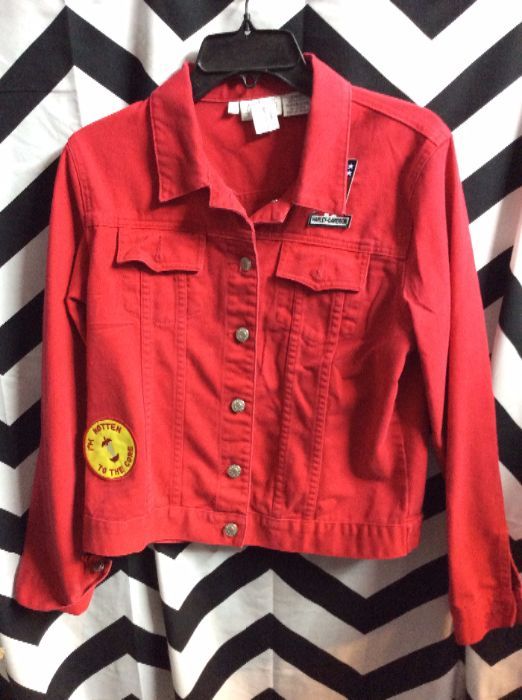 RED DENIM JACKET W/ HARLEY PATCH & ROTTEN PATCH 1