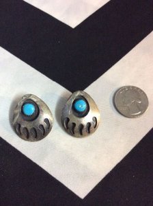 Sterling Silver Post Bear Paw Earrings w/ Turquoise Stone 1