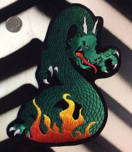 product details: GREEN & BLACK DRAGON W/FLAMES AT BOTTOM BACK PATCH - LARGE photo