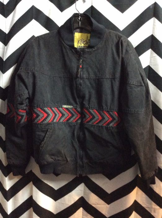 Blk Cotton Bomber Style Jacket w/Red Aztec Strippes 1