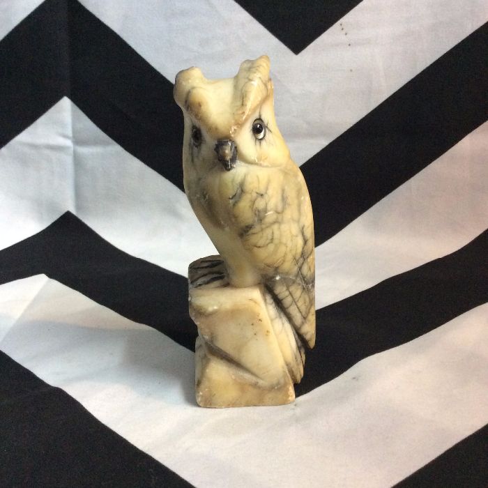 1970s Retro Carved Marble Little Owl Book Ends As-is 1