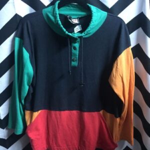 Photo detail:PULLOVER SWEATSHIRT - BUTTON-UP NECK - HOODED W/ RASTA COLOR BLOCK LS