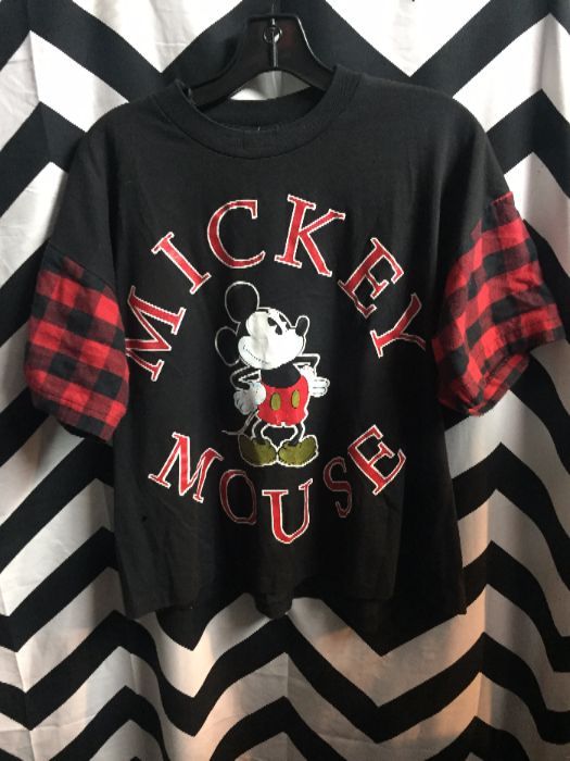 Ss Mickey Mouse Tshirt Plaid Sleeves | Boardwalk Vintage