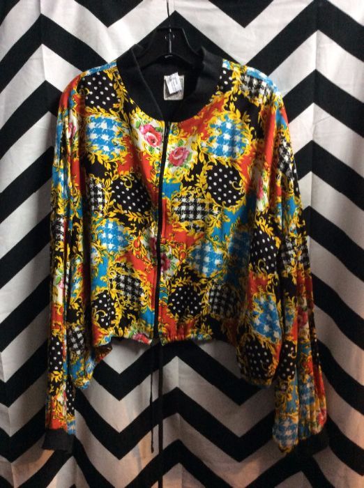 CROPPED RAYON COTTON ORNATE PRINTED BOMBER JACKET 1