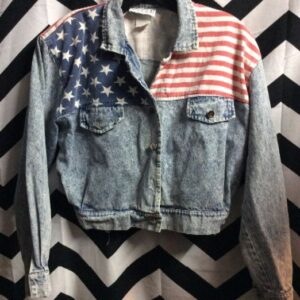 Photo detail:DENIM JACKET - CROPPED - AMERICAN FLAG DESIGN ON SHOULDERS - ACID WASHED