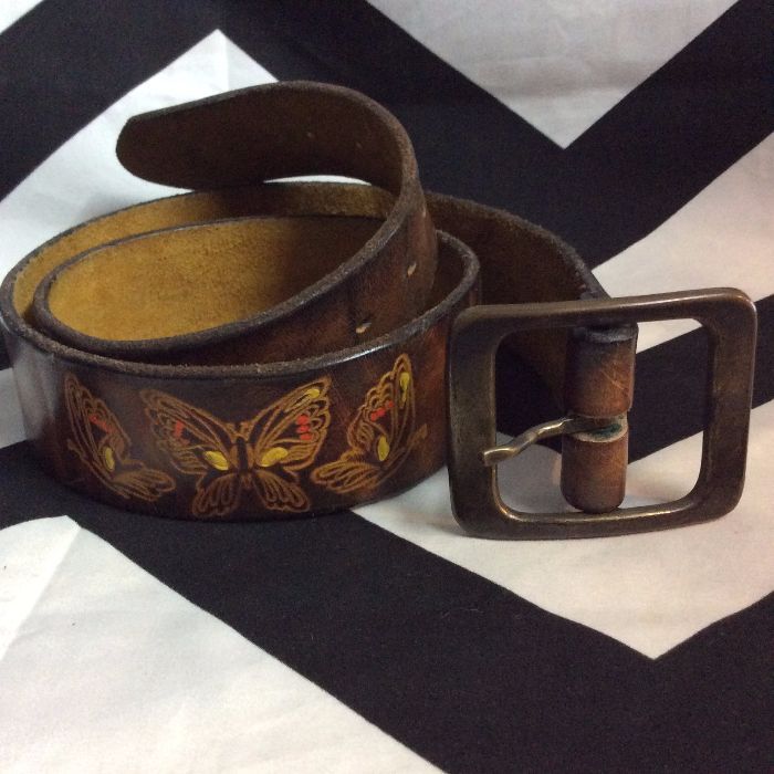 Brown Leather Belt w/ Flowers Butterfly Stamp 4K 1