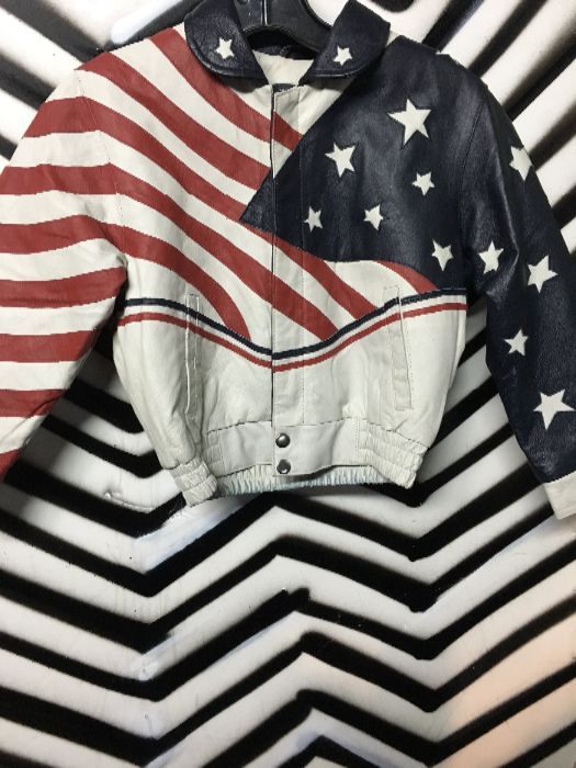product details: LEATHER JACKET - CROPPED W/ AMERICAN FLAG DESIGN photo